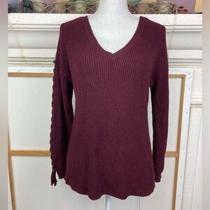 American Eagle Outfitters V neck Maroon Knit Sweater w/braided lacing on sleeves